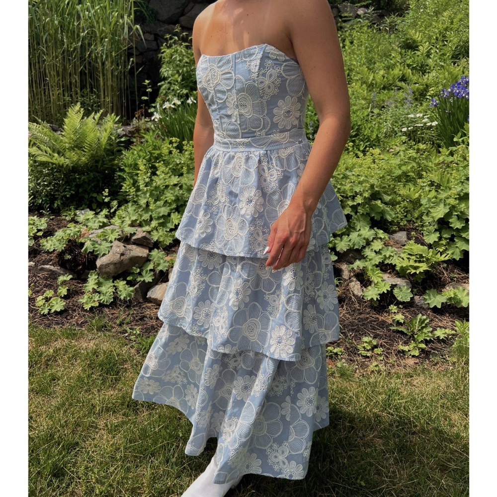 Blue Embroidered Tiered Dress